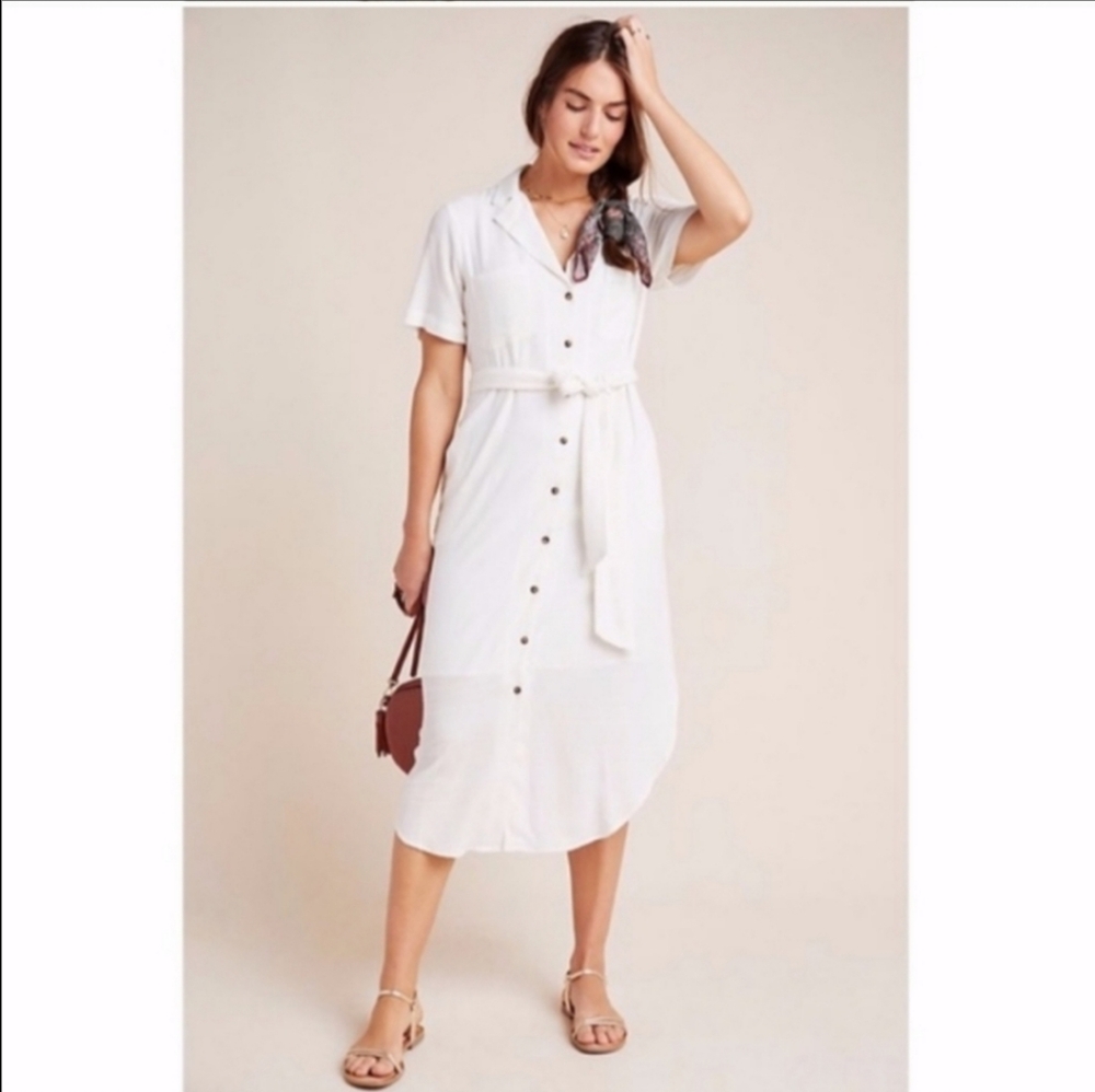 MAEVE by Anthropologie Aria White Textured Tie Waist Button down Midi Dress - Picture 2 of 8